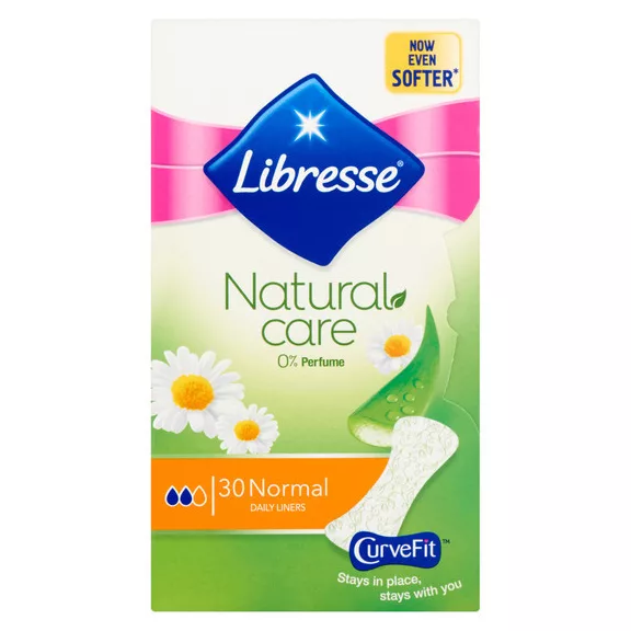 A 30 darabos, normál Libresse Natural Care tisztasági betét gyengéd, pamutszerű fedőréteggel és A 30 darabos, normál Libresse Natural Care tisztasági betét gyengéd, pamutszerű fedőréteggel és