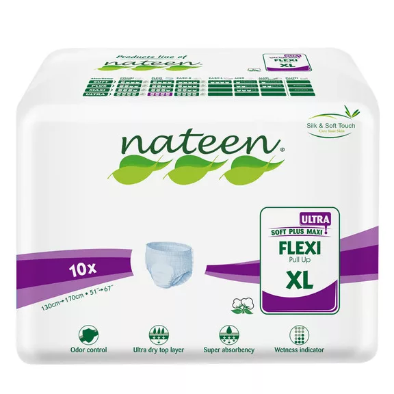 A Nateen Flexi Ultra XL bugyipelenka 3450 ml nedvszívó kapacitással, elasztikus derékkal és bőr A Nateen Flexi Ultra XL bugyipelenka 3450 ml nedvszívó kapacitással, elasztikus derékkal és bőr