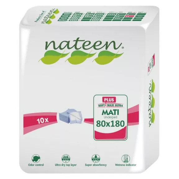 A Nateen Mati Plus 180×80 cm eldobható betegalátét 1200 ml nedvszívással, oldalsó peremekkel és A Nateen Mati Plus 180×80 cm eldobható betegalátét 1200 ml nedvszívással, oldalsó peremekkel és