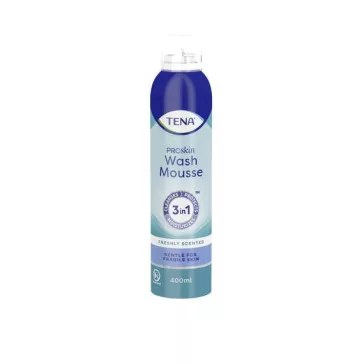 A 400 ml kiszerelésű TENA ProSkin Mosdatóhab 3 az 1-ben formulája kíméletesen tisztítja,  és áp