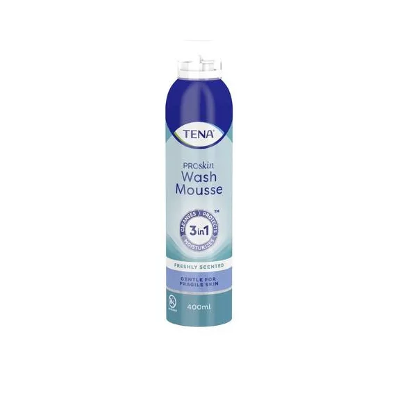 A 400 ml kiszerelésű TENA ProSkin Mosdatóhab 3 az 1-ben formulája kíméletesen tisztítja, és áp A 400 ml kiszerelésű TENA ProSkin Mosdatóhab 3 az 1-ben formulája kíméletesen tisztítja, és áp
