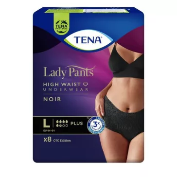 Az L méretű TENA Lady Pants Plus Noir inkontinencia fehérnemű magasított derékkal ellátott egys