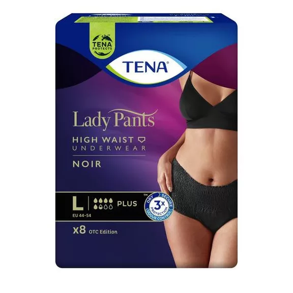 Az L méretű TENA Lady Pants Plus Noir inkontinencia fehérnemű magasított derékkal ellátott egys Az L méretű TENA Lady Pants Plus Noir inkontinencia fehérnemű magasított derékkal ellátott egys