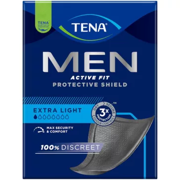 A TENA Men Active Fit Protective Shield férfi betét megszünteti a szivárgással járó vészhelyzet