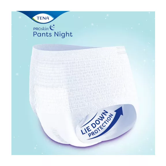 Az L-es TENA Pants Night Super pelenkanadrág testhezálló, igazán kényelmes és puha anyagból kés